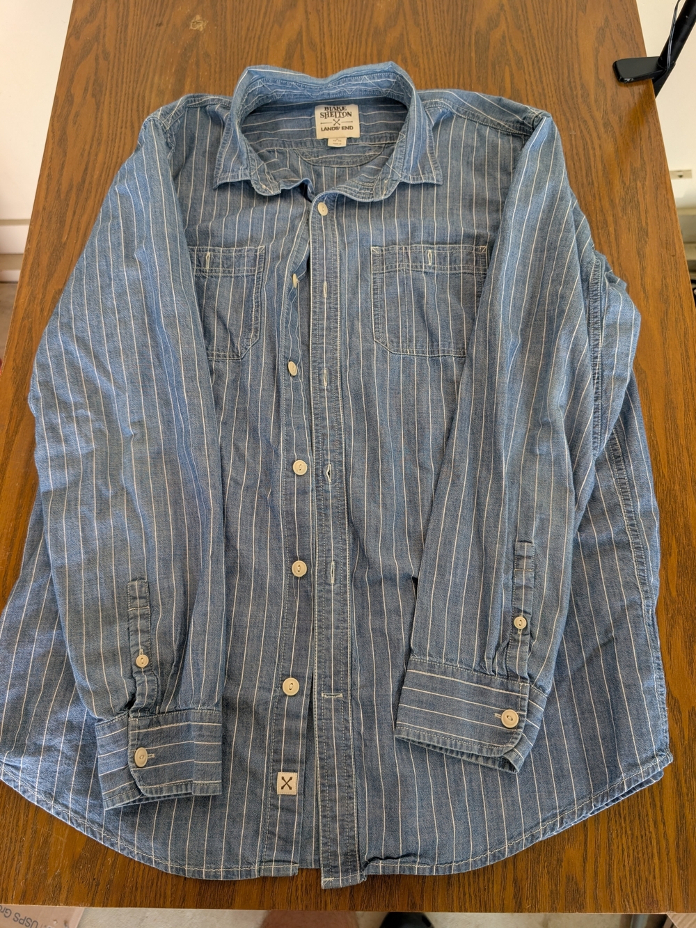 Lands' End Blue Chambray Stripe Long-Sleeve Button-Down Shirt